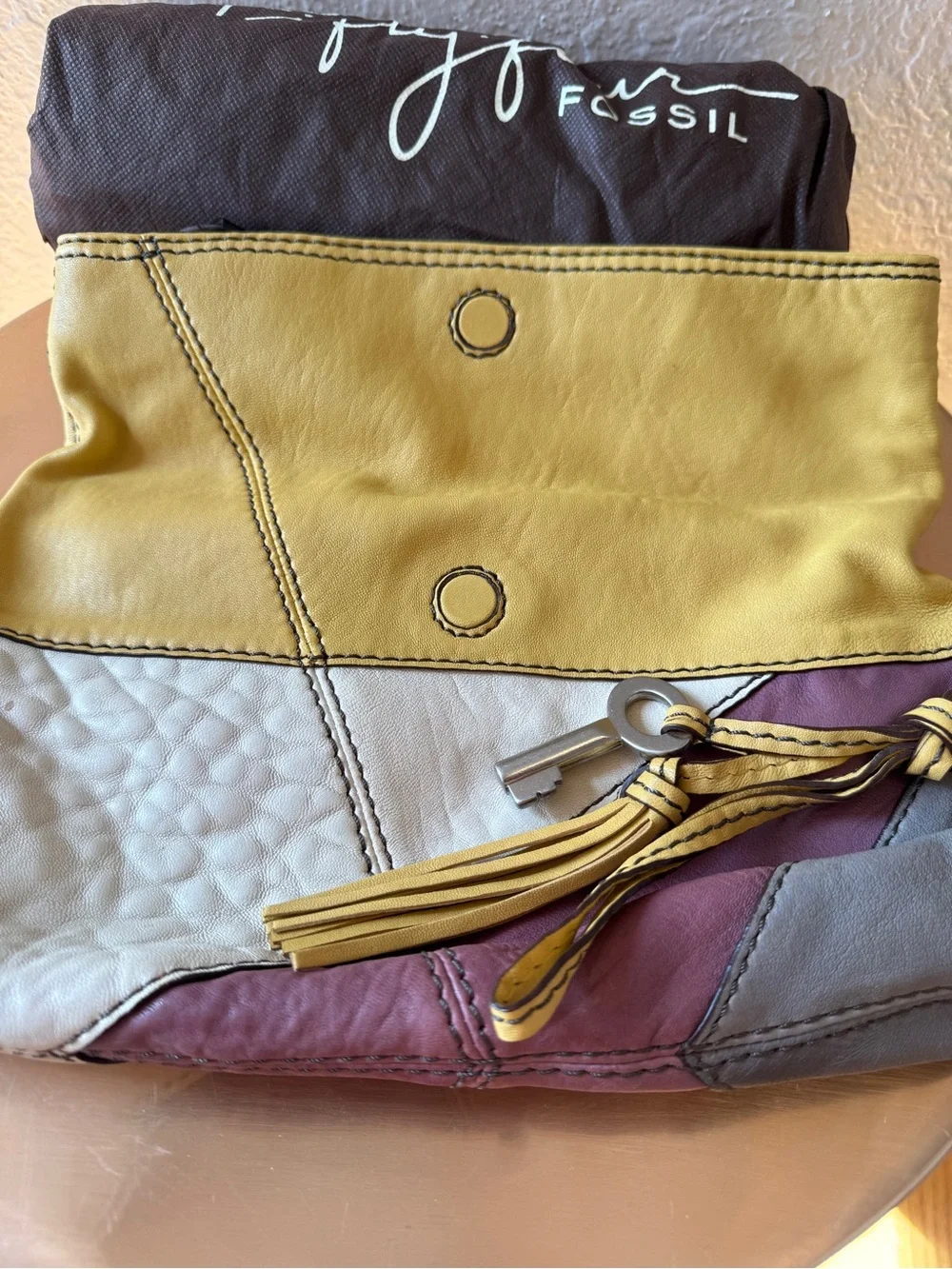 Fossil Fifty Four Yellow, White & Purple Leather Fold-Over Wristlet Clutch